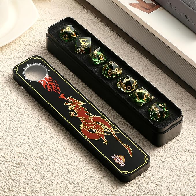 DNDND Magic Lord Rings DND Dice Set with Gift Case 7-Piece Resin Sharp D&D Dice Set with Golden Rings for RPG Dungeons & Dragons Tabletop Game (Green)
