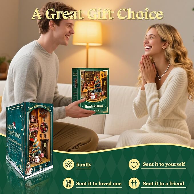 Christmas Book Nook Kit with LED Light - 3D Wooden Puzzles Booknook for Book Shelf Decor - DIY Dollhouse Kit - Book Nooks Decor with Dust Cover Jingle Cabin(SQ-34)