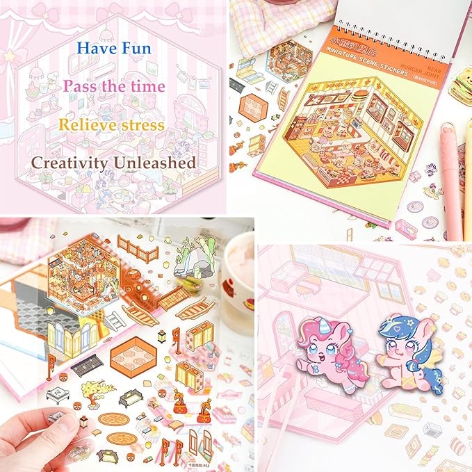 Scene Sticker Book for Kids, 20 Sets of 3D Sticker Scenes for Adults Fun Mini Cute Kawaii Stickers Therapy 3D Scenes 3D House Stickers Set Relief Stress Pass The Time