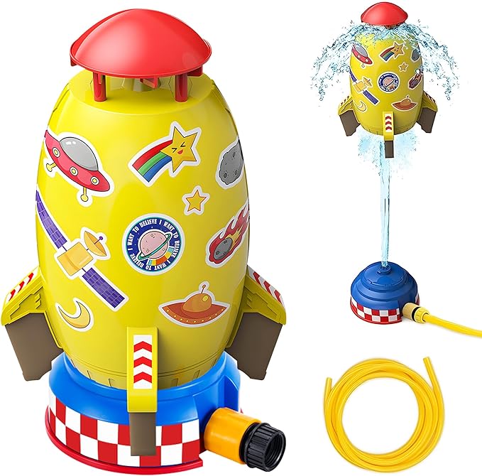Rocket Sprinkler Toy for Kids, Summer Water Launcher for Backyard Play, Outdoor Lawn Sprinkler Gift for Toddlers and Kids Ages 3 4 5 6 7 8, Easy Setup Water Game with Hose