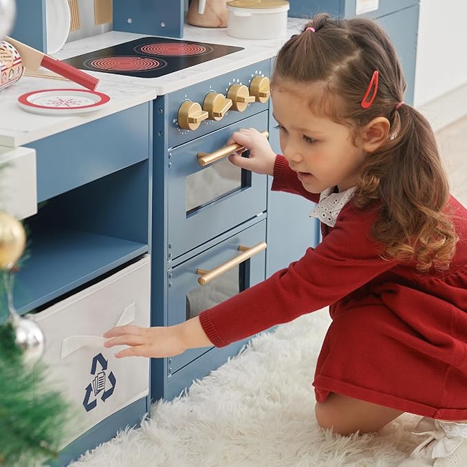 Teamson Kids Little Chef Atlanta Modular Wooden Play Kitchen, 3-Piece Pretend Set with 17 Accessories, Blue/White/Gold, Realistic Features for Toddlers & Kids, Cocina de Juguete Moderna