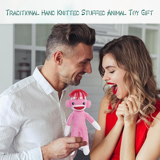 Adorable Sock Monkey 8 inch, The Original Traditional Hand Knitted Stuffed Animal Toy Gift-for Kids, Babies, Teens, Girls and Boys Baby Doll Present Puppet (Pink 8inch)