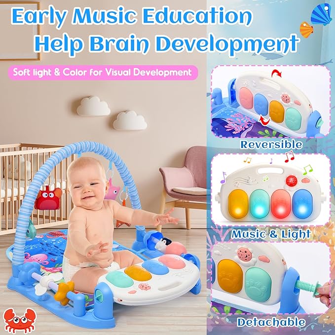Baby Gyms Play Mats with Tummy Time Water Mat, Baby Activity Mat Play Piano Gym with 5 Sensory Toys for Babies, Music & Lights Boy & Girl Gifts for Newborn Babies 0-3 4-6 6-9 6-12 Months