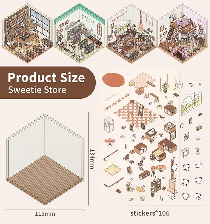DIY 3D House Stickers, 4 Sets Fun DIY Sticker Scene Make Your Own Mini House Cute Cartoon Animal Scene Stickers for Kids Adult Sticker Art Relief Stress Pass The Time