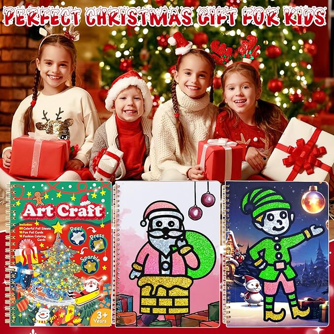 JULEASEL Christmas Foil Paper Arts and Crafts Kits, DIY Xmas Arts and Crafts for Kids, No Mess Foil and Coloring Books, Creative Christmas Gifts for Boys Girls Ages 4+, Kids Travel Essentials Toy