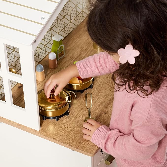 Best Choice Products Pretend Play Wooden Farmhouse Kitchen Set for Kids w/Toy Storage, Clicking Knobs, Windows, 5 Accessories Included - Cream