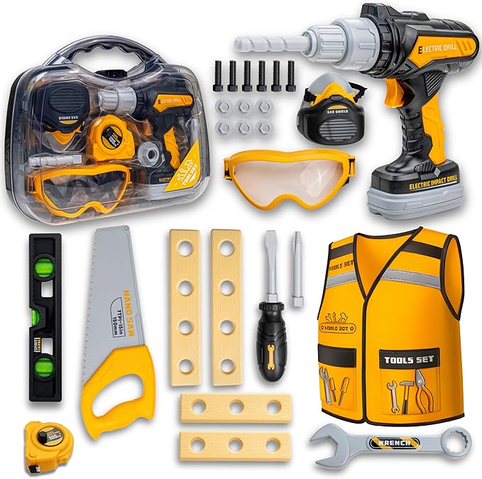 Kids Tool Set with Carrying Case, Electronic Toy Drill with Bits & Construction Vest – Pretend Play Kit with Safety Googles, Gas Shield, Tape Measure, Saw, Bubble Level, Screwdriver, Nuts & Bolts