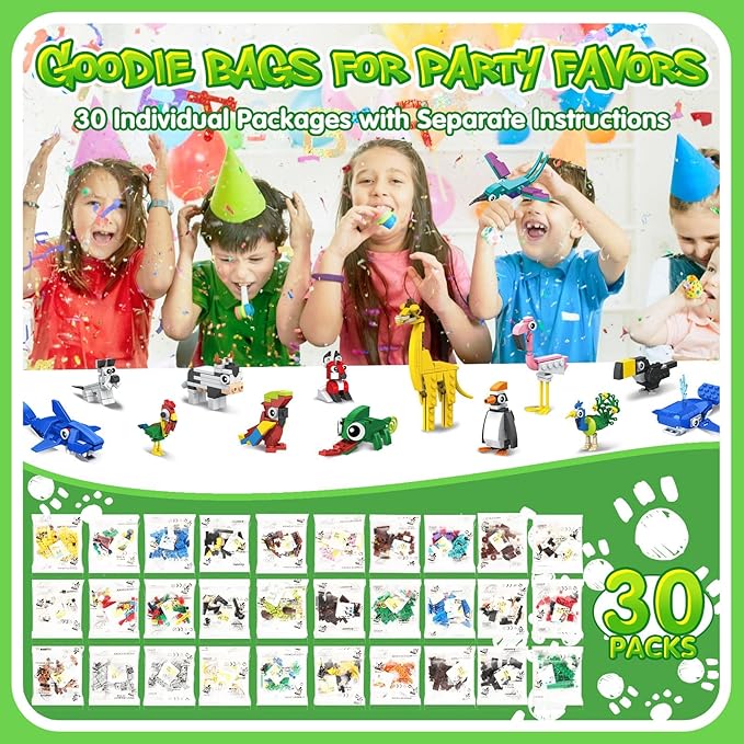 30 Packs Party Favors for Kids - STEM Toys Mini Animals Building Blocks Sets for Goodie Bags Stuffers Classroom Prizes, Valentines Day Birthday Gifts for Boys Girls Ages 6+