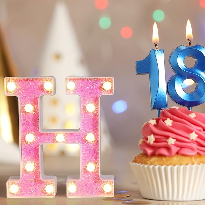 Foaky Pink Light up Letters，Pink Party Decorations,Girls Room Decor,Glitter Light Up Letters,Alphabet Letter Sign for Night Light Birthday Party Girls Gifts, Home Bar Decoration（H）