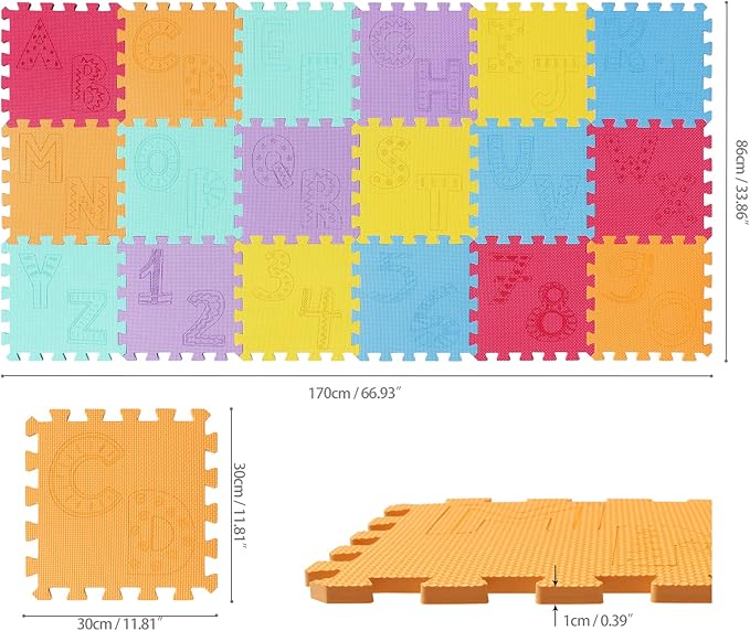 qqpp EVA 18 Tiles Baby Play Mat for Playing, Interlocking Foam Floor Mats for Tummy Time & Crawling, Puzzle Flooring Tiles with Alphabet & Numbers Laser Pattern for Kids. QL-99(BEGHIK) b18N
