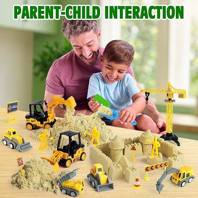 Sand Construction Kit with Big Foldable Sandbox and 2.2lbs Magic Sand, Truck Toys Including Castle Molds and Other Accessories - 36Pc Set for Kids 3+