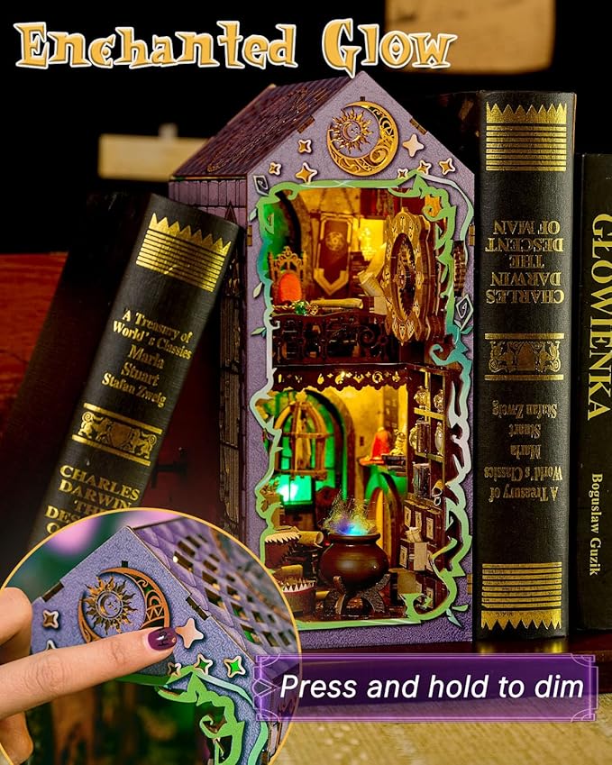 Book Nook Kit Mystic Theurge's Hut, DIY Booknook Kit for Adults Teens, 3D Wooden Puzzle Miniature House Kit with LED Lights, Bookshelf Decor Craft Gift for Family Friends
