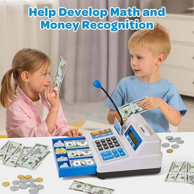 Calculator Cash Register Toy Gift for Kids Age 3, 4, 5, 6, 7, 8+ Year Old, 103 Pcs Grocery Store Playset with Microphone, Credit Card, Cash Register for Toddlers Kids 4-8