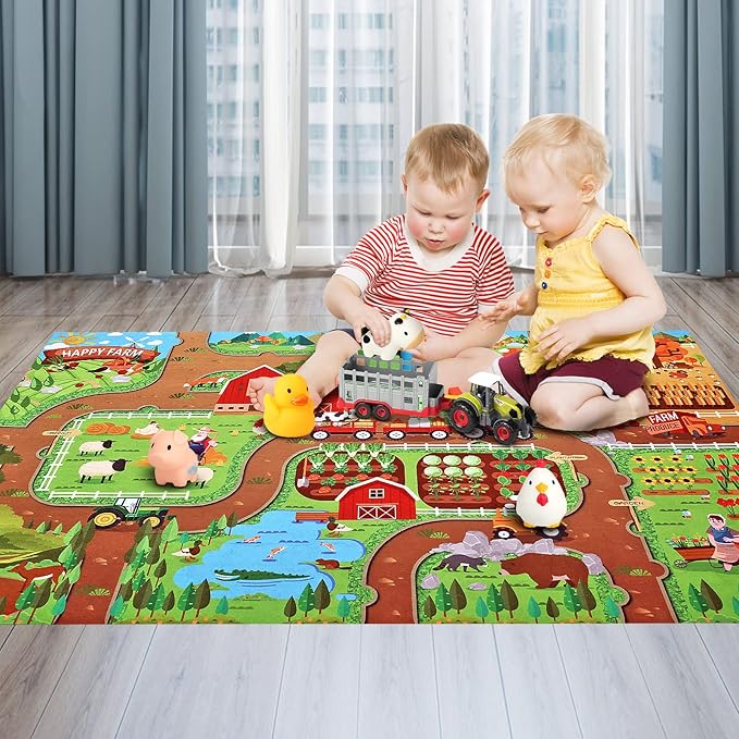 Oriate Farm Tractor Carrier with Cartoon Farm Animals and Playmat, 6 Pack Bath Squirter Silicone Rubber Farm Animal Toys, 47.2” x 31.5” Happy Farm Play mat, Birthday Gifts for Kids