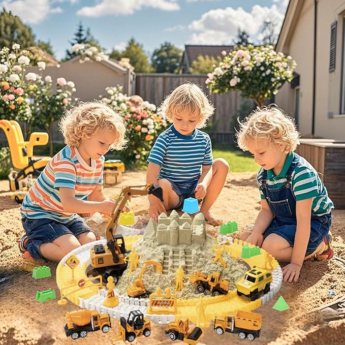 Play Construction Sand Kit, 2.2lbs Magic Sand, 6 Alloy Trucks,1 Big Semi-automatc Excavator,1 Race Truck 100 Tracks,10 Castle Molds,1 Sandbox mat,1 Storage Box, Sensory Toys for Kids Ages 3+