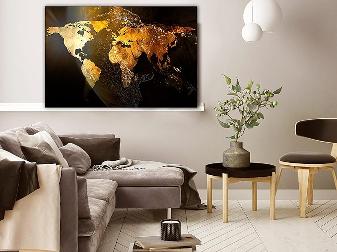 artgeist Textured Canvas Wall Art World map 24x16 in - 1pcs Painting Canvas Prints Picture Artwork Image Framed Contemporary Modern Wall Home Map Continent Sun Abstract k-C-10000-b-a