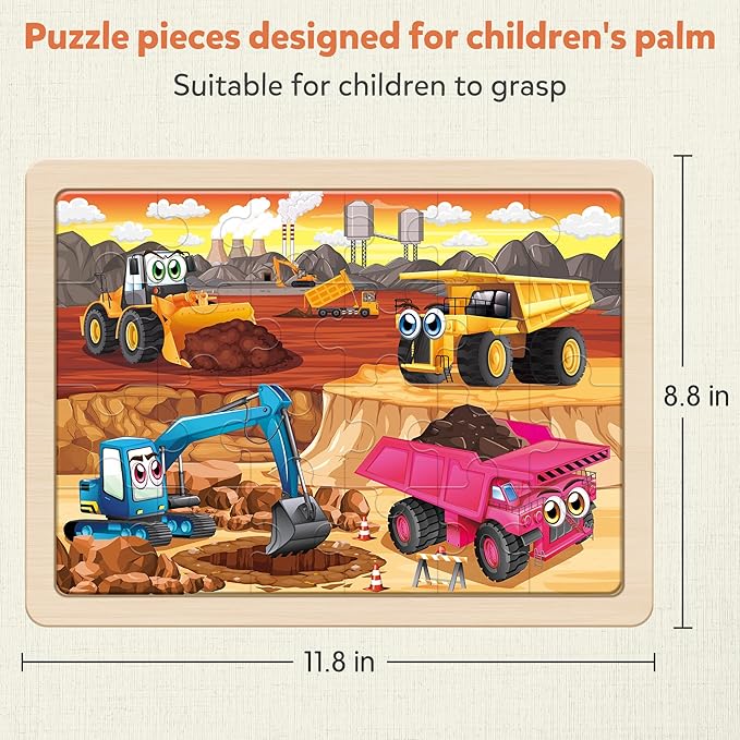 SYNARRY Large Wooden Construction Vehicle Puzzles for Toddlers 3-5, 24 Piece Monster Truck Puzzles for Kids Ages 4-6, Construction Toys for 3 4 Year Old, Kids Toys Gifts for 3 4 5 Year Old Boys Girls