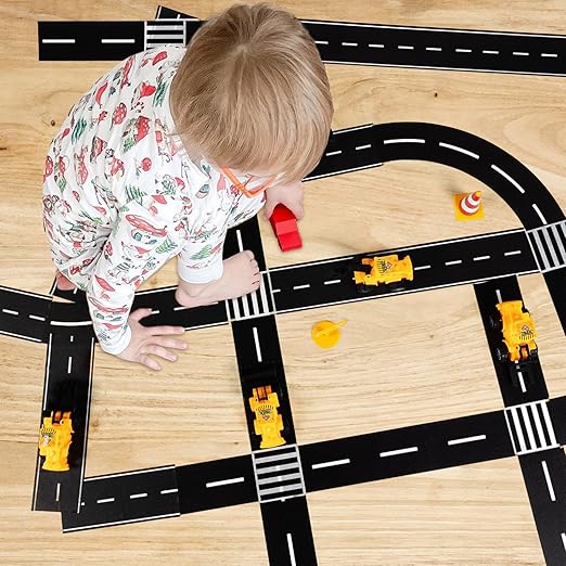 HFKPJRT Removable Toy Car Road Tape Stickers for Kids, 4 Rolls Roadway Tape with Curves, Black Residue Free Road Car Track Tape for Kids Birthday Party Racing Party Decoration, 2 Inch Wide 65 FT Long