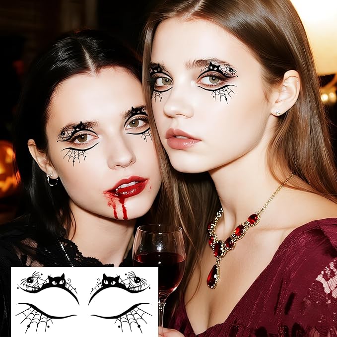 24 PCS Halloween Makeup Eye Temporary Tattoos Waterproof, Upper & Lower Lash Design Spider Web Bat Eyeliner Eye Shadow Tattoos Makeup Kit for Adult Women Men Girls Cosplay Halloween Party Decals