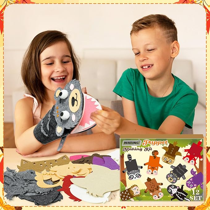 WATINC 12Pcs Hand Puppet Making Kit, Art Craft Felt Sock Puppet Toys, Creative DIY Make Your Own Pompoms Wiggle Googly Eyes Storytelling Role Play Party Supplies Gift for Girls Boys (Woodland Animals)
