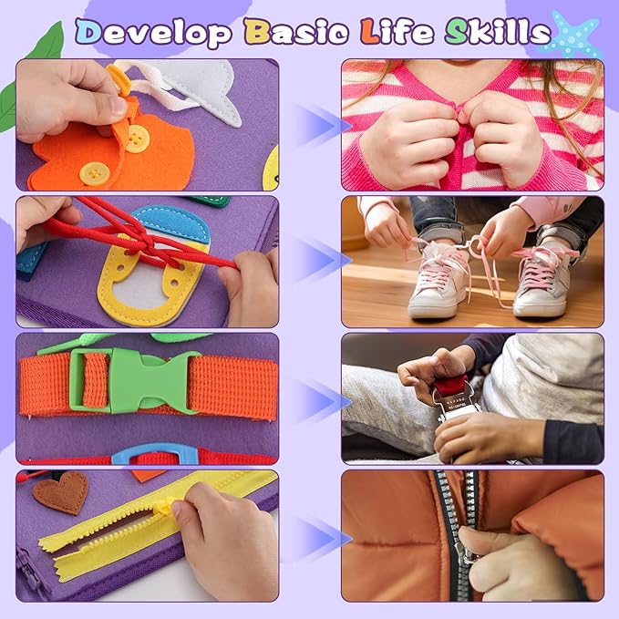 Montessori Busy Board for Toddlers 1-3, Soft Sensory Activity Book with Life Skills, Cognition, Sorting, Matching, Travel Toys for Airplane Car, Gift for Girls Boys 2-4 Years Old (Mermaid)