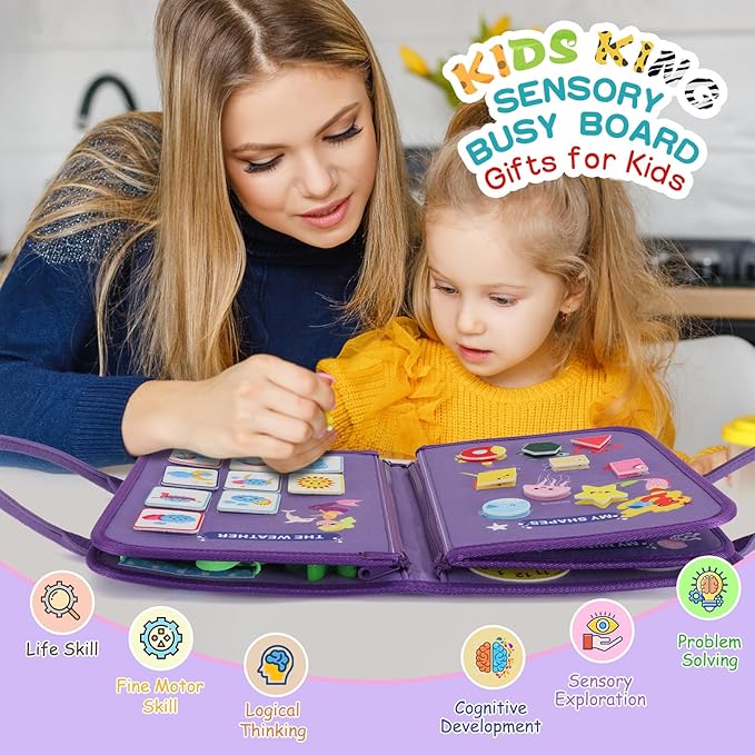 Montessori Busy Board for Toddlers 1-3, Soft Sensory Activity Book with Life Skills, Cognition, Sorting, Matching, Travel Toys for Airplane Car, Gift for Girls Boys 2-4 Years Old (Mermaid)