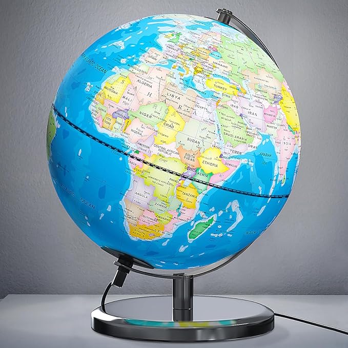 9" Illuminated World Globe with Stand, Educational Globes for Kids Learning, Colorful HD World Map Details, LED Globe Lamp for Living Rooms Decor