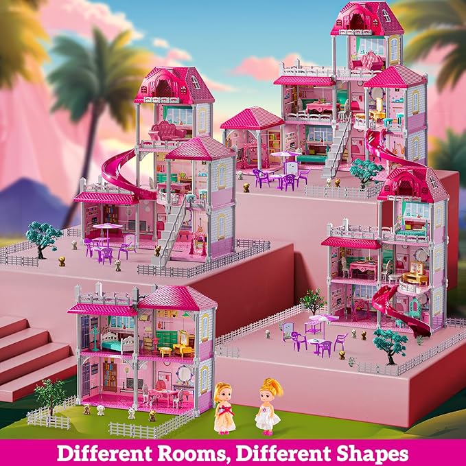Villa Playset for Girls Ages 3-7, 3-Story 8 Room House with 2 Dolls, Furniture and Accessories, Indoor Playset Girls Toys for Ages 6-8, Pretend Toddler Toy, Birthday Gifts for Kids 4-8