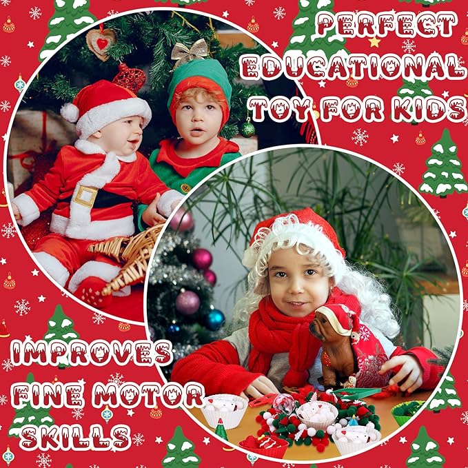 360 PCS Christmas Sensory Bin Filler Winter Sensory Bin Items 240 Pompoms 90 Felt Christmas Tree 17 Resin Xmas Tree 6 Cups 6 Tweezers 1 Storage Box for Winter Xmas Sorting Counting Training