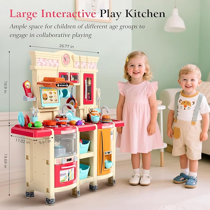 [2025 Upgraded] Kitchen for Kids & Toddlers Play Kitchen Set with Tablet Ordering, Music, Lights & Sounds, Steam Stove & Boiling Bubbles, Oven Dings, Faucet & Dishwasher,Easy-Install,Life Skills(Pink)