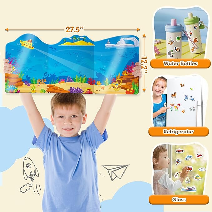 Reusable Sticker Books for Toddlers 3-5 Years, 2 Sets Jelly Sticker Books, Toddler Travel Toys Craft Activities for Kids-Ocean Wrold, Safari