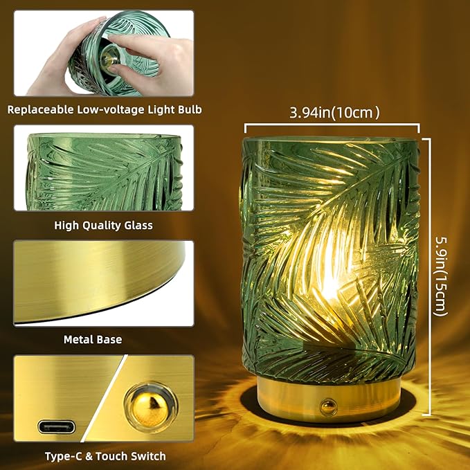 Rechargeable Battery Powered Lamp, Cordless Emergency Lamps for Power Outage, Decorative Small Accent Lamps for Entryway/Stairway/Bathroom/Corner, Dimmable Glass Battery Operated Table Lamp Indoor