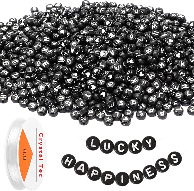 Letter Beads, DECYOOL Acrylic Alphabet Beads with 1 Roll Elastic String for Bracelet Necklace Jewelry Making Supplies (Black White)