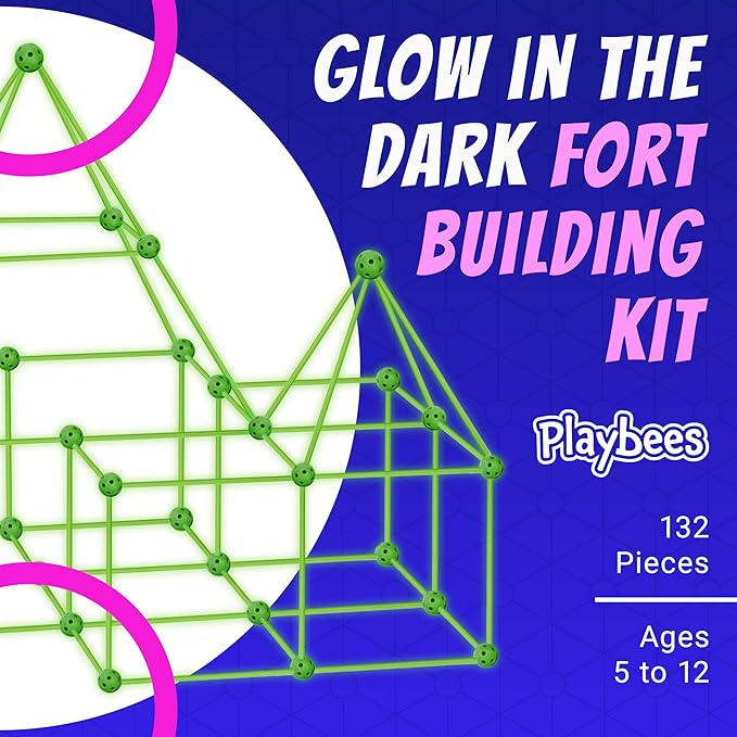 Playbees Glow in The Dark Fort Building Kit with Rods and Connectors - 132 Pieces - Glow in The Dark - Ages 4-8, 8-12 STEM Building Toy, Construction Set for Kids, DIY Castle, Birthday Gift
