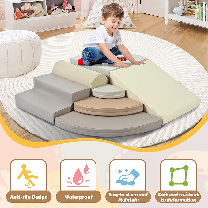 Merax 7-Piece Soft Foam Blocks, Baby Soft Climbing Toys for Toddlers 1+, Indoor Climbing Crawling Activity Play Set, Corner Soft Play Climber Set, Cappuccino