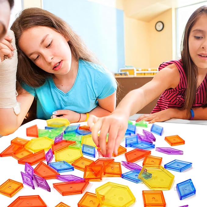 Bbiamsleep 140 Pcs Translucent Pattern Blocks Plastic Transparent Geometric Shape Blocks Light Table Manipulatives Accessories Sensory Bin Filler for Light Table Sorting Counting Spelling Training