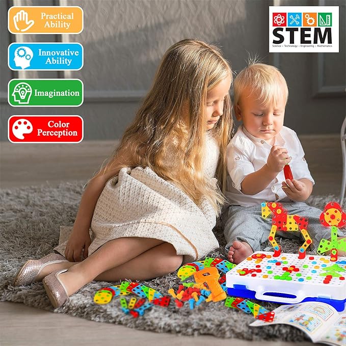 STEM Design and Drill Toy for Kids Ages 3-8, 193 Pcs Electric Drill Toy,Creative Building Toys,Magic Montessori Play Toolbox for Toddler Boys Girls Preschool,STEM Toys for 3 4 5 6 7 8 Year old