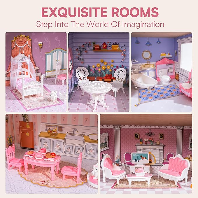 ROBUD Wooden Dollhouse Playset, 3 Stories, 5 Rooms, 24 PCS Furniture, Pretend Play Toys Gift for Kids Toddlers Girls