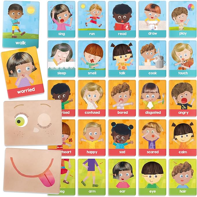 Headu Emotions and Actions Flash Cards Montessori – Social Emotional Learning Activities Ages 1-4, Educational Toddler Flashcards for 1 2 3 4 Year Old Boys Girls, Autism Materials, Teaching Games