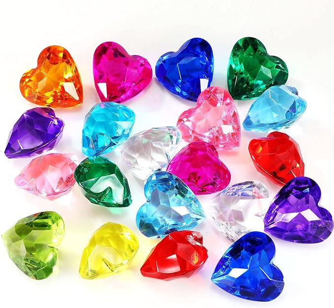 Hicarer 20 Pieces Diving Gem Pool Toys Colorful Big Diamond Pirate Treasure Diving Gems Acrylic Heart Gemstones Summer Beach Underwater Swimming Toys for Kids Swimming Party Favor Pool Training Gift