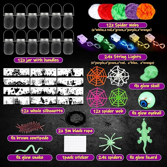 AuroTops Halloween Crafts for Kids,12 Pack Halloween Mason Jar Kit with Accessories for Kids DIY Kits,Party Favors Party Decorations for Classroom Goodie Bags Trick or Treat Toys