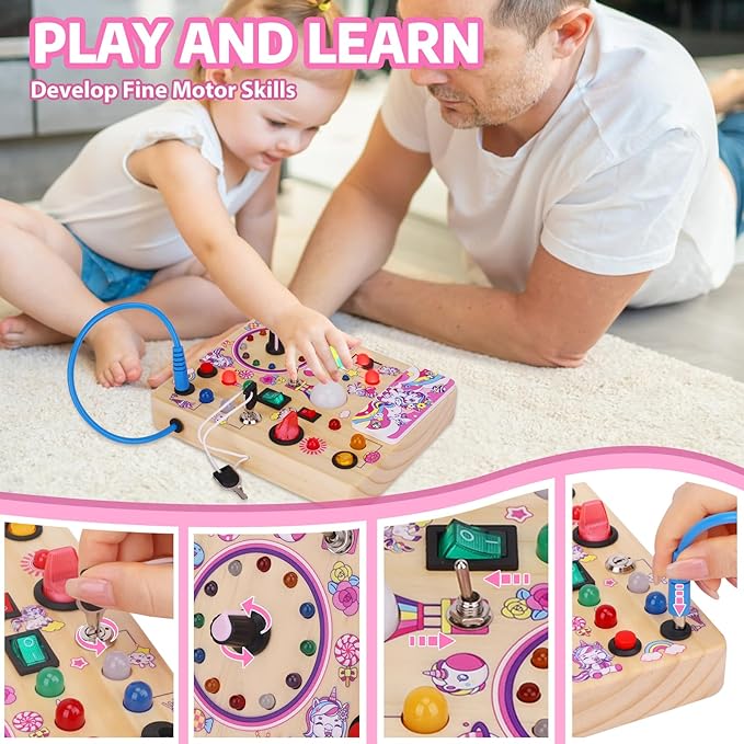 Toddler Busy Board,Montessori Toys for 1-3 Years Old,Baby Sensory Board,Wooden Learning Toys,Christmas & Birthday Gift for Boys & Girls (Unicorn Busy Board v2)
