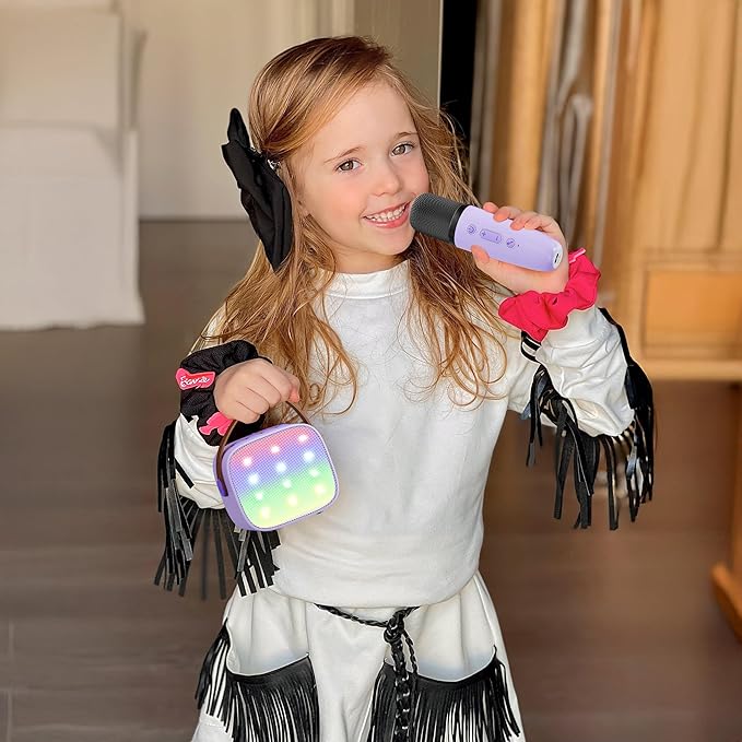 Mini Karaoke Machine with 2 Wireless Microphones, TOP Kids Gifts for Girls Ages 3, 4, 5, 6, 7, 8, 9, 10, 11, 12 +Years Old, 4-12th Birthday Toy Gift for Girls Boys Party (Purple)