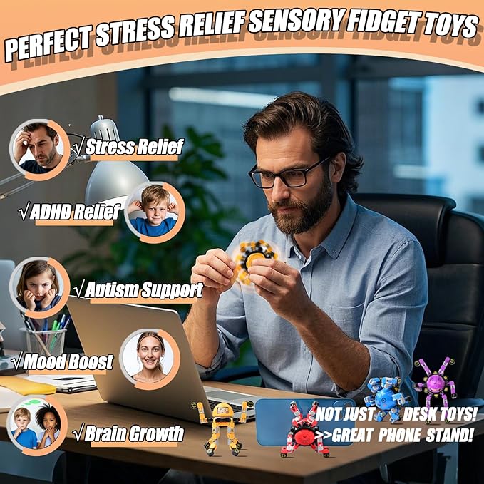 8Pcs Transformable Fidget Spinners for Kids Fidget Toys Teens Adults Sensory Toys with Autism ADHD Stocking Stuffers Bulk Gifts for Boys Girls Party Favors Travel Activities B