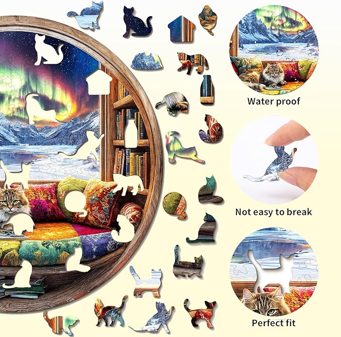 Wooden Puzzles for Adults, Warm Cats and Books Jigsaw Puzzles, Unique Shaped Wooden Puzzle for Adults and Kids, Birthday Gift Family Game.(11.4X 11.4 in 200pcs)