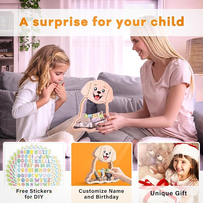 Wooden Dog Piggy Bank for Kids with Letter Sticker, Cute Labrador Wood Money Box, Unbreakable Coin Bank for Boys, Girls, Money Jar Personalizable Birthday Gift, Educational Toy for Kids