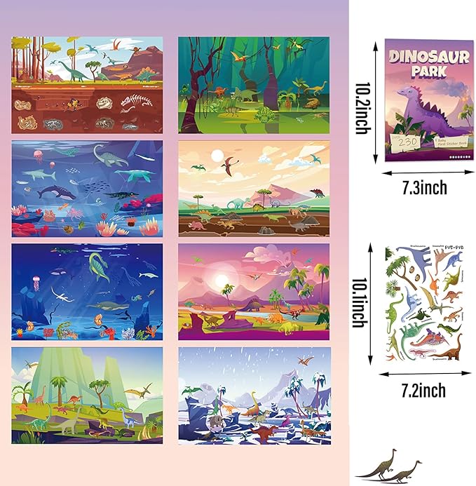 Sticker Book for Kids, 230+ Dinosaur & 134+ Vehicle Stickers & 16 Scenes, Reusable Activity Sheet, Seek and Find Sticker Coloring Pad, for Boys Girls Toddlers Ages 2-4 4-8 Years Old 3-5 6-7