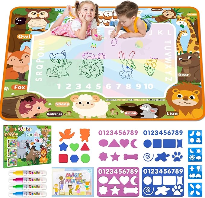 Water Doodle Mat Kids Mess Free Coloring for Toddlers 3 4 5 6 7 8 9 Years, 19 Pack Educational Toys, Doodle Mat with Magic Water Pens