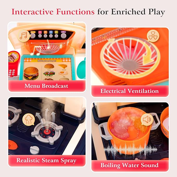 [2025 Upgraded] Kitchen for Kids & Toddlers Play Kitchen Set with Tablet Ordering, Music, Lights & Sounds, Steam Stove & Boiling Bubbles, Oven Dings, Faucet & Dishwasher,Easy-Install,Life Skills(Blue)