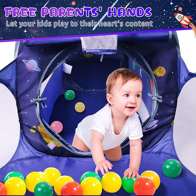 3pc Space Ship Kids Play Tent, Crawl Tunnel, Ball Pit for Toddlers, Indoor Outdoor Playhouse Castle Toys, Baby Boys Girls for 3 4 5 6 7 Years Old (Balls Not Included)